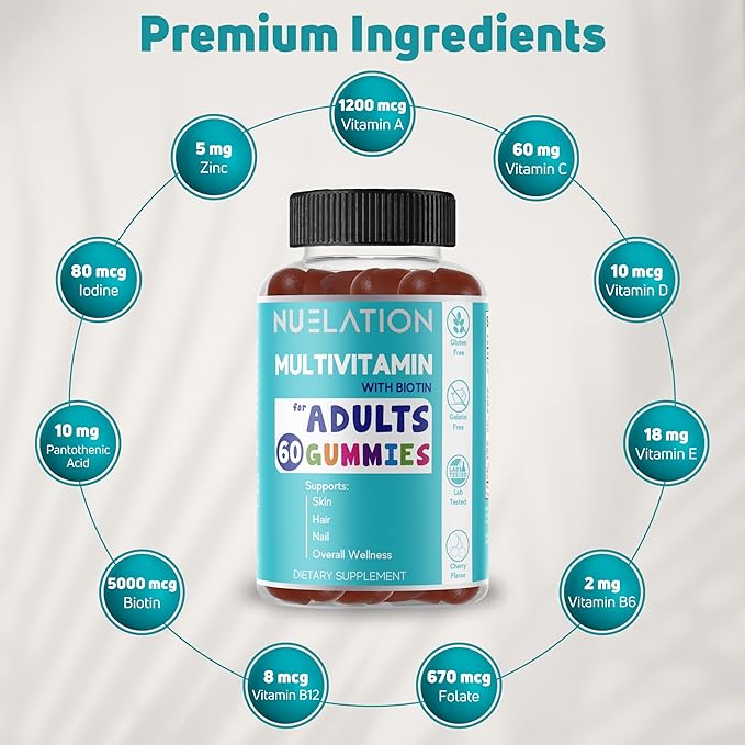 Men & Women Multivitamin Gummies. A well rounded daily gummy multivitamins with Biotin 5000 mcg. Non-GMO, 60 Count, 30 Servings. Multi Vitamin for adults for Immune Support, Overall Wellness