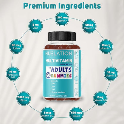 Men & Women Multivitamin Gummies. A well rounded daily gummy multivitamins with Biotin 5000 mcg. Non-GMO, 60 Count, 30 Servings. Multi Vitamin for adults for Immune Support, Overall Wellness