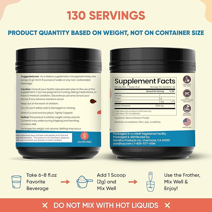 Sandhu's Pure Bovine Colostrum 130 Servings for Humans | Unflavored | Supports Immune Health
