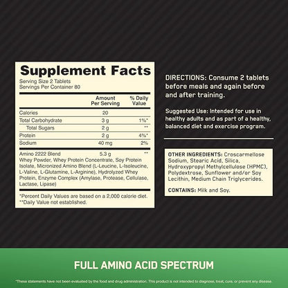 Optimum Nutrition Superior Amino 2222 Tablets, Complete Essential Amino Acids, EAAs, 160 Count
