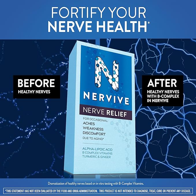 Nervive Nerve Relief, with Alpha Lipoic Acid, to help Reduce Occasional Nerve Discomfort in as Little as 7 Days, ALA, Vitamins B12, B6, & B1, Turmeric, Ginger, 30 Tablets (Packaging May Vary)