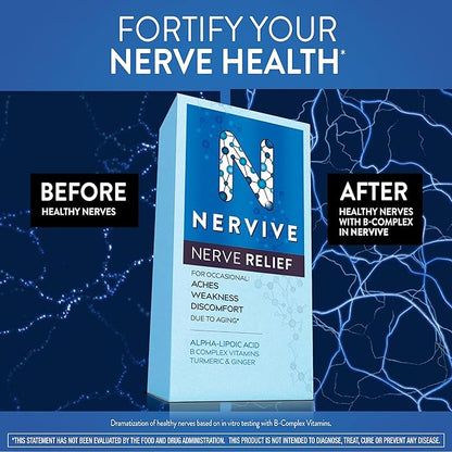 Nervive Nerve Relief, with Alpha Lipoic Acid, to help Reduce Occasional Nerve Discomfort in as Little as 7 Days, ALA, Vitamins B12, B6, & B1, Turmeric, Ginger, 30 Tablets (Packaging May Vary)