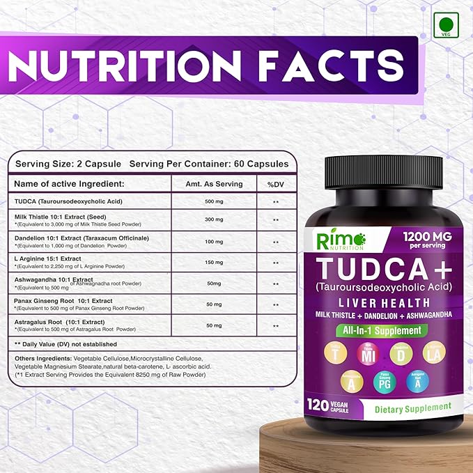 Tudca Supplement, with Milk Thistle, Dandelion. L Arginine, Ashwagandha, Panax Ginseng Root, Astragalus Root 1200 mg Per Serving 120 Capsules
