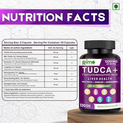 Tudca Supplement, with Milk Thistle, Dandelion. L Arginine, Ashwagandha, Panax Ginseng Root, Astragalus Root 1200 mg Per Serving 120 Capsules