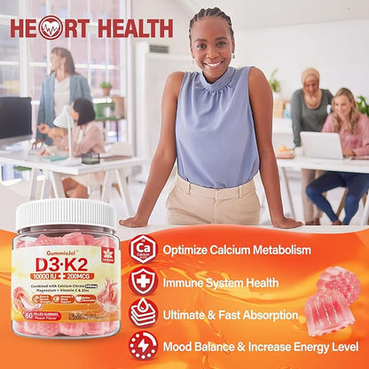 Sugar-Free Vitamin D3 K2 Filled Gummies 5000IU / 10,000 IU with 500mg Calcium + K2 (MK-7) 200mcg, Magnesium Citrate, Vitamin C, Extra Strength - Ultimate Absorption for Bone Muscle Teeth Immune, Vegan