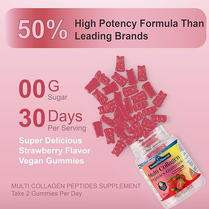 Multi Collagen Peptides Gummies, Sugar Free Hydrolyzed 5000mg Protein丨Type I,II,III,V,X with Biotin Hyaluronic Acid Vitamin C A D B6 B12 L-Glutathione for Skin Hair Nail Joint Bone -Strawberry Gummies