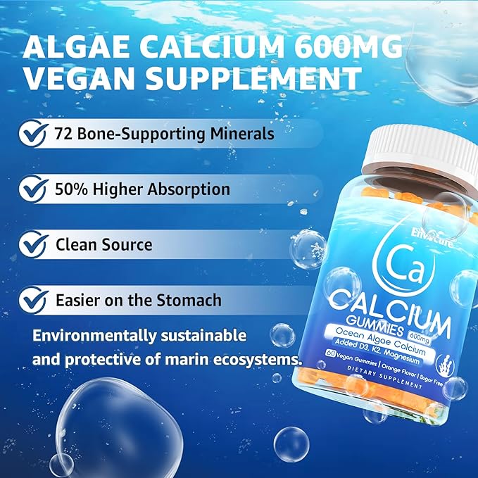 Calcium Gummies 600mg - Ocean Algae Calcium | Vitamin D3, K2, Magnesium, B6 for Bone Strength, Muscle & Immnue | Sustainably Sourced Plant Based Calcium Supplement, 70+ Trace Minerals, Vegan, 2 Pack