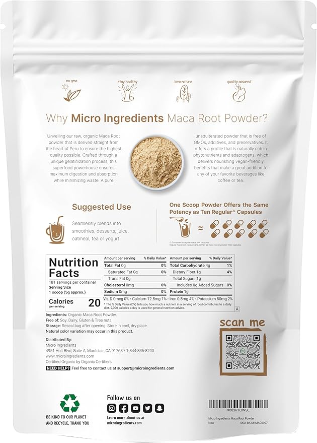 Organic Maca Root Powder, 2 Pound, Gelatinized for Better Absorption, Rich in Antioxidants, Help Energy, Stamina, Endurance, Strength and Immune System, No GMOs, Vegan Friendly and Peru Origin