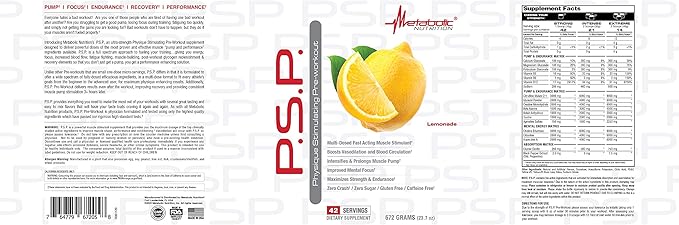 Metabolic Nutrition P.S.P. Physique Stimulating PreWorkout 672g Zero Sugar Caffeine Free (Lemonade)