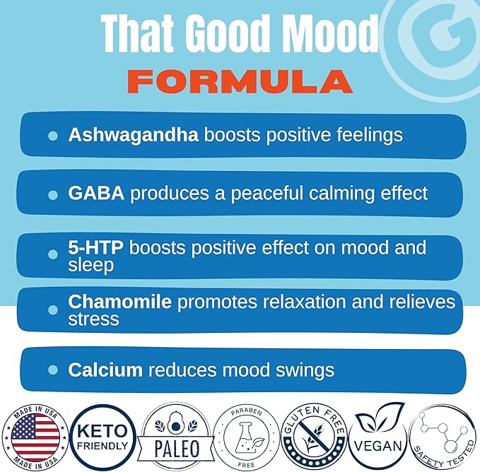 That Good Supp Co - That Good Mood Support Supplement for Women & Men - Mood Booster, Supports with Stress Relief & Cognitive Well Being - Vitamin B12, 5-HTP, Ashwagandha Root, GABA - Made in USA
