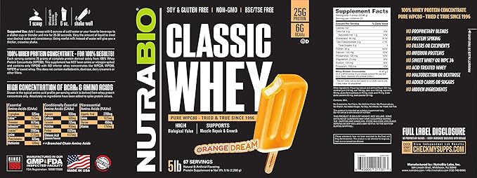 NutraBio Classic Whey Protein Powder- 25G of Protein Per Scoop - Full-Spectrum Amino Acid Profile - No Fillers, Artificial Colors, Preservatives - Orange Dream, 5 Pounds