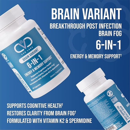 Brain Variant 6-in-1, Post Sickness Brain Fog, Energy & Memory Focus Support Supplement with Nootropic Ingredients for Focus, for Women & Men, 60 Capsules