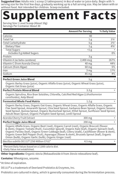 Garden of Life Perfect Food Super Green Formula - 30 Servings | 45 Superfoods, Greens, Fruit & Veggie Juice Superfood Powder Supplement, Probiotics & Organic Spirulina for Digestion & Immune Health