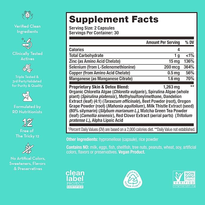 HUM Daily Cleanse Acne Supplement - Gut Cleanse Detox for Clear Skin with Organic Algae, Detoxifying Herbs, Zinc & Spirulina | Clear Skin Supplement (60 Capsules)