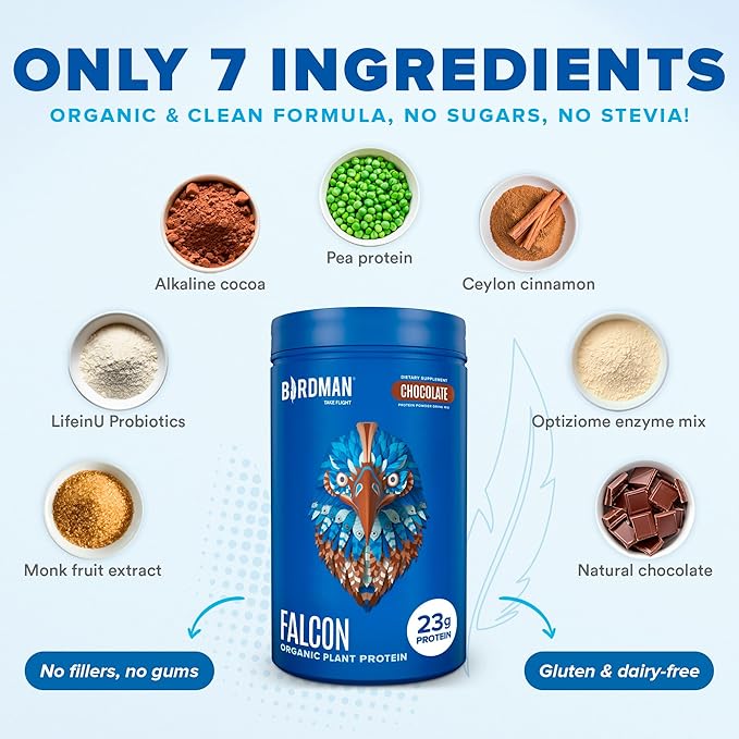 BIRDMAN Falcon Vegan Protein Powder Organic, Stevia & Sugar Free, Plant Based Protein, Low Carb, Dairy Free, Keto, Non Whey Protein, Probiotic, Pea Protein | Chocolate Flavor - 20 Servings - 1.32lb