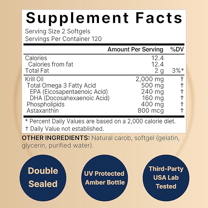 Antarctic Krill Oil 2000mg Supplement, 240 Softgels, 3X Strength Natural Source of Omega-3s, EPA 240mg + DHA 160mg + Astaxanthin 800mcg – No Fishy Aftertaste – Mercury Free & Non-GMO