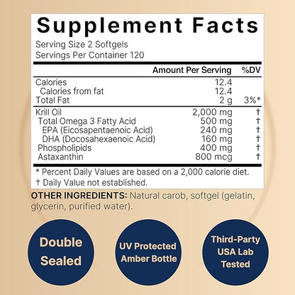 Antarctic Krill Oil 2000mg Supplement, 240 Softgels, 3X Strength Natural Source of Omega-3s, EPA 240mg + DHA 160mg + Astaxanthin 800mcg – No Fishy Aftertaste – Mercury Free & Non-GMO