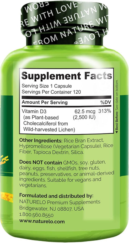 NATURELO Vitamin D - 2500 IU - Plant Based from Lichen - Natural D3 Supplement for Immune System, Bone Support, Joint Health - Vegan - Non-GMO - Gluten Free - 120 Capsules