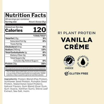 Rule One Proteins, R1 Plant Protein - Vanilla Crème, 20g Plant-Based Protein from 4 Protein Sources, 9 EAAs, Vegan and Paleo Friendly, Gluten Free, 1.5 Pounds, 20 Servings