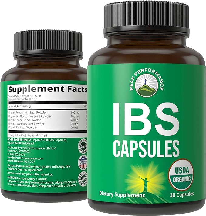 USDA Organic IBS Capsules for Relief, Ingestion, Bloating, Gas. Irritable Bowel Supplement with 5 Handpicked Organic Ingredients. Peppermint Oil, Sea Buckthorn, Fennel Seed, Rosemary Leaf, Basil Leaf