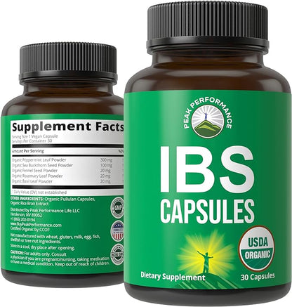 USDA Organic IBS Capsules for Relief, Ingestion, Bloating, Gas. Irritable Bowel Supplement with 5 Handpicked Organic Ingredients. Peppermint Oil, Sea Buckthorn, Fennel Seed, Rosemary Leaf, Basil Leaf