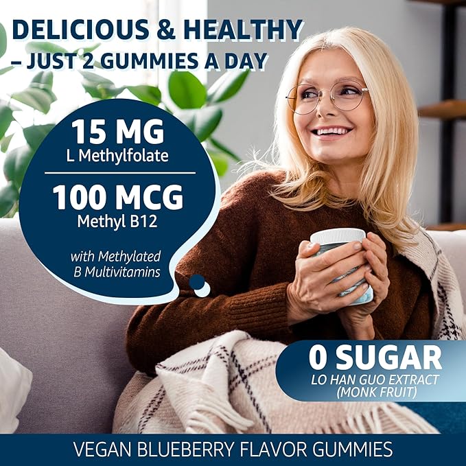 L-MethylFolate 15mg & Methyl B12 Gummies, Methylated B1, B2, B6 Multivitamins - Active 5-MTHF & High Absorption - Supports MTHFR Gene, Cognition, Homocysteine Levels, Folate Metabolism, Vegan, 120 Cts