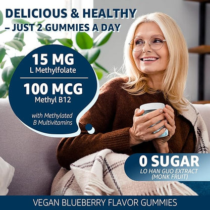 L-MethylFolate 15mg & Methyl B12 Gummies, Methylated B1, B2, B6 Multivitamins - Active 5-MTHF & High Absorption - Supports MTHFR Gene, Cognition, Homocysteine Levels, Folate Metabolism, Vegan, 120 Cts