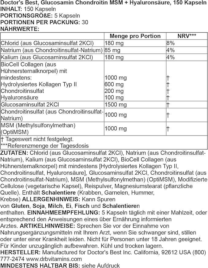 Doctor's Best Glucosamine Chondroitin MSM + Hyaluronic Acid with OptiMSM Featuring Biocell Collagen, Joint Support, Non-GMO, Gluten & Soy Free, 150 Caps