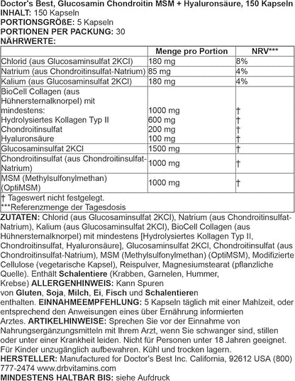 Doctor's Best Glucosamine Chondroitin MSM + Hyaluronic Acid with OptiMSM Featuring Biocell Collagen, Joint Support, Non-GMO, Gluten & Soy Free, 150 Caps
