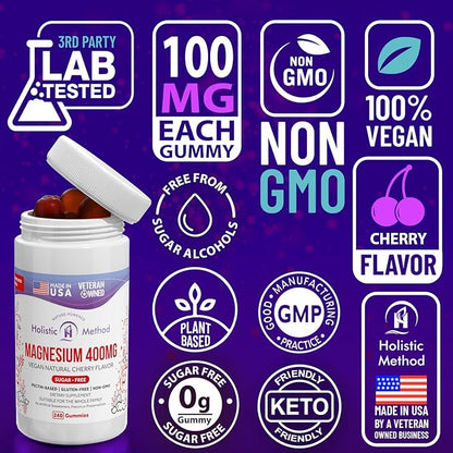 Magnesium Citrate Gummies - Sugar-Free, Vegan and Non-GMO for Better Sleep and Relaxation - No Sugar Alcohol - Magnesium Supplement for Adults, Teens and Kids - Cherry - 240 Chews