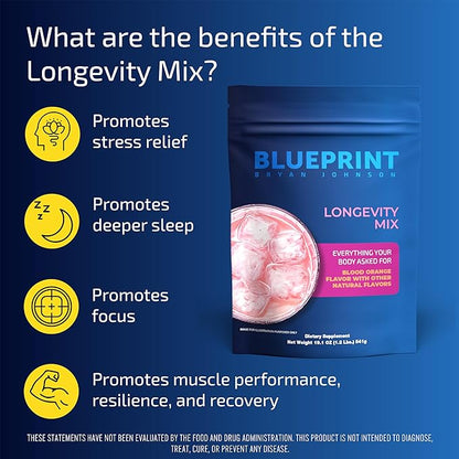 Blueprint Bryan Johnson Longevity Mix - Muscle Builder & Recovery Supplement - Promotes Focus and Stress Relief - Creatine, Ashwagandha, L-Theanine, Calcium - Vegan, Keto Friendly (Blood Orange)