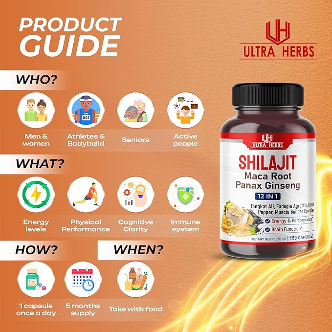 Shilajit Pure Himalayan 21,800mg - Energy Booster 85% Fulvic Acid, Maca Root, Panax Ginseng, Tongkat Ali, Fadogia Agrestis - Metabolism & Immunity Support - 150 Capsules