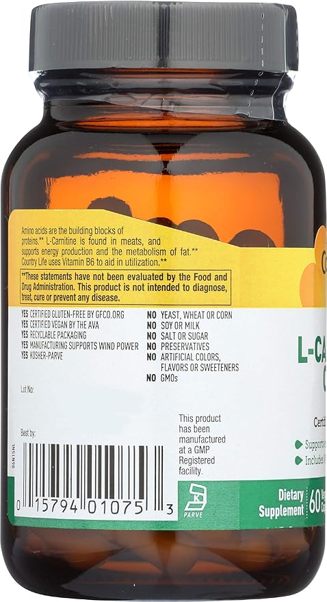Country Life L-Carnitine 500 mg w/B-6, 60 Capsules