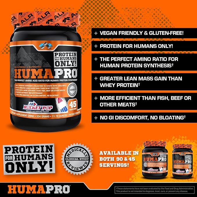 Humapro | Amino Acids Protein Matrix for Humans | 99% Utilization for Lean Muscle | Vegan, Gluten Free | 334g / 45 Servings (Rocket Pop)