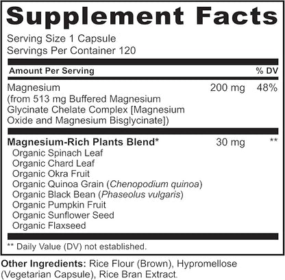 NATURELO Magnesium Glycinate Chelate Complex - 200 mg Magnesium with Organic Vegetables to Support Sleep, Calm, Muscle Cramp & Stress Relief – Gluten Free, Non GMO - 120 Capsules