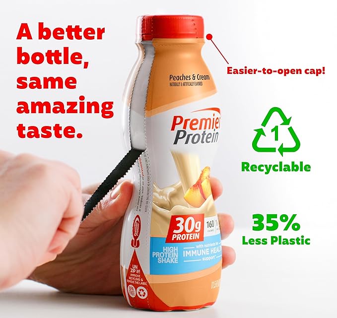 Premier Protein Shake 30g 1g Sugar 24 Vitamins Minerals Nutrients to Support Immune Health, Peaches & Cream, 11.5 Fl Oz (Pack of 12), Total 138 Fl Oz