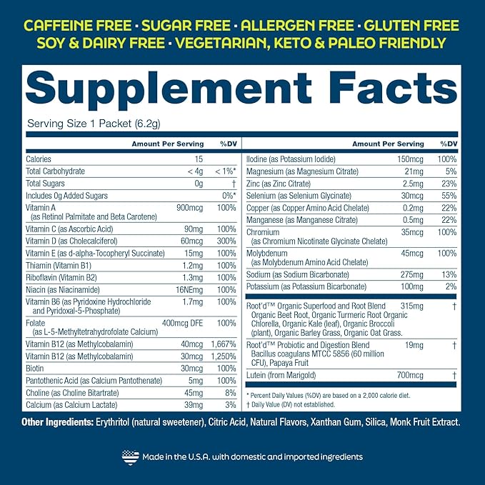 Root'd Multivitamin Powder for Men - 24 Vitamins & Minerals with 3X Electrolytes, 9 Organic Superfoods, Probiotics & Enzymes, Sugar-Free Multivitamin & Hydration | 15 Vitamin Drink Mix Packets