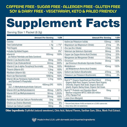 Root'd Multivitamin Powder for Men - 24 Vitamins & Minerals with 3X Electrolytes, 9 Organic Superfoods, Probiotics & Enzymes, Sugar-Free Multivitamin & Hydration | 15 Vitamin Drink Mix Packets