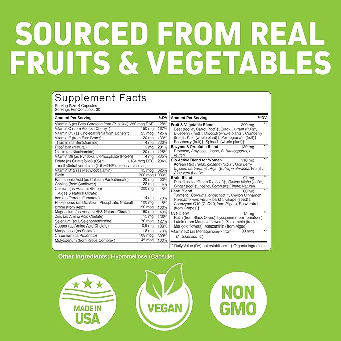 Herbtonics Whole Food Multivitamin for Women | Made with Superfoods, Real Raw Veggies, Fruits, Vitamin E, A, B Complex | Womens Multivitamin | Non-GMO 120 Vegan Capsules