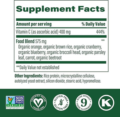 MegaFood Ultra C 400 mg - Vegan Immune Support Supplement with Vitamin C, Made with Real Food Including Broccoli, Carrot, Cranberry & Brown Rice, Gluten-Free, Kosher - 60 Tablets, 60 Servings