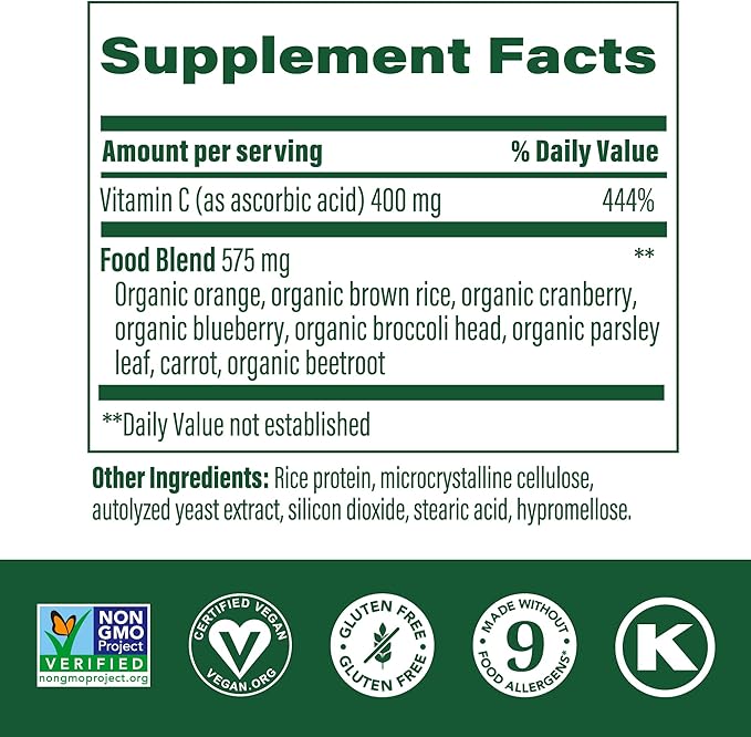 MegaFood Ultra C 400 mg - Vegan Immune Support Supplement with Vitamin C, Made with Real Food Including Broccoli, Carrot, Cranberry & Brown Rice, Gluten-Free, Kosher - 90 Tablets, 90 Servings