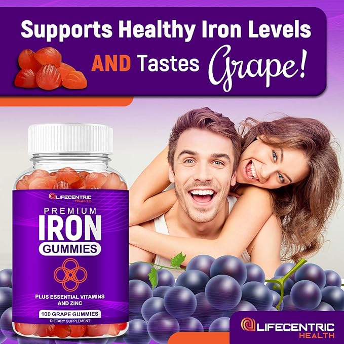 LifeCentricHealth Iron Gummies for Adults & Kids | Biotin Zinc Vitamin B Folic Acid Gummies | Vegan Gluten Free Blood Builder Anemia Supplements | Tasty Energy Boosting Iron Supplement for Women & Men