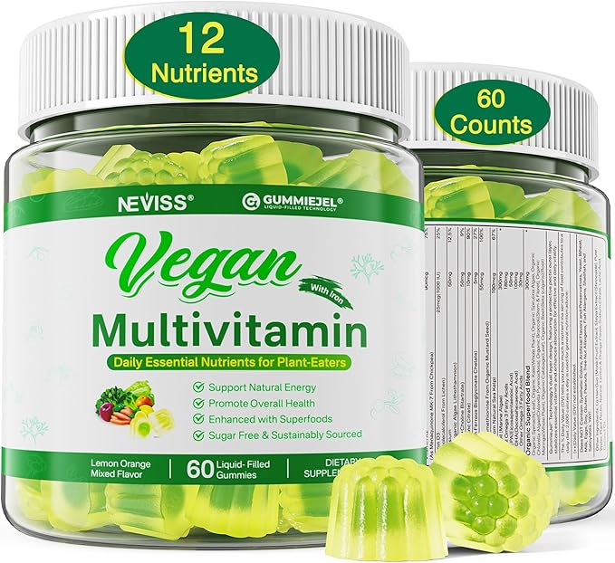 Multivitamin for Vegans & Vegetarians w/ Vitamin D3 K2, Methyl B12, Iron, Zinc, Choline, Algae Omega 3 from Sustainable Source, Women Men Daily Vitamins Gummies for Overall Wellness, No Sugar, 60 Cts