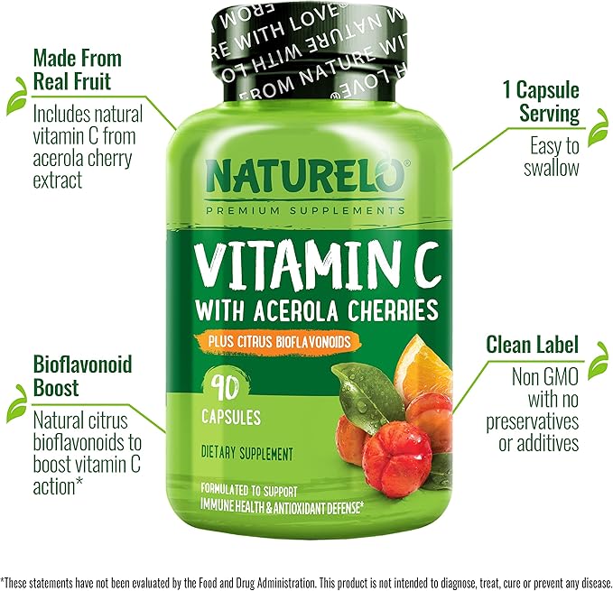 NATURELO Vitamin C with Organic Acerola Cherry Extract and Citrus Bioflavonoids - Vegan Supplement - Immune Support - 500 mg VIT C per Cap - Non-GMO - 180 Capsules