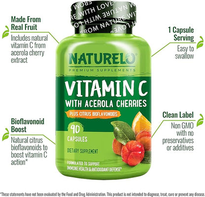 NATURELO Vitamin C with Organic Acerola Cherry Extract and Citrus Bioflavonoids - Vegan Supplement - Immune Support - 500 mg VIT C per Cap - Non-GMO - 180 Capsules