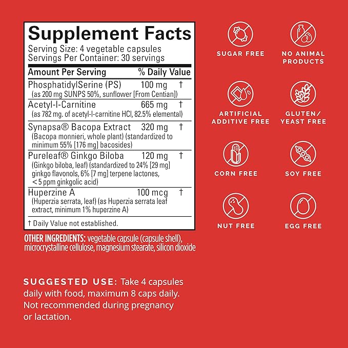 BRAINMD Dr Amen Brain & Memory Power MAX - 120 Capsules - Nootropic Supplement with Ginkgo Biloba Extract & Huperzine A - 30 Servings