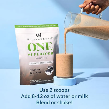VitaHustle ONE - Superfood Meal Replacement Shake, Plant Based Protein Powder, Vegan. 86 Superfoods, Vitamins, & Minerals, Ashwagandha, Adaptogens. Founded by Kevin Hart. (Cookies & Cream) 15 Servings