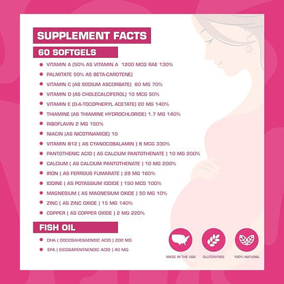 Pregnaforte 1 a day Prenatal vitamins for women 2 month: Folic acid, Fish Oil Omega 3 DHA/EPA, Vitamin D3, B6, Vitmain B12, C, E, Calcium, Iron, Magnesium, Zinc supplement FSA HSA eligble multivitamin