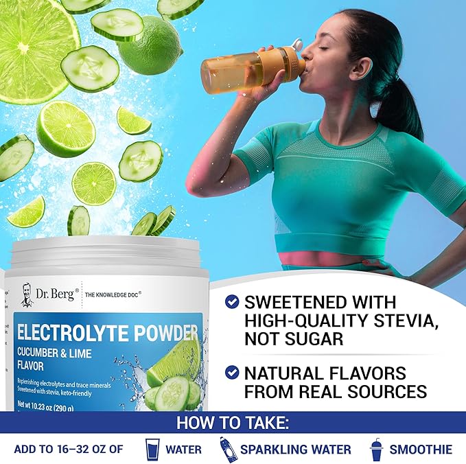 Dr. Berg Zero Sugar Hydration Keto Electrolyte Powder - Enhanced w/ 1000 mg of Potassium & Real Pink Himalayan Salt (NOT Table Salt) - Cucumber Lime Flavor Hydration Drink Mix Supplement - 50 Servings