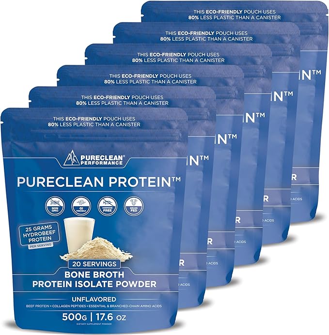 PureClean Protein 25G Organic Grass Fed Beef Bone Broth Protein from Swedish Cattle - Paleo, Keto-Friendly, Gluten-Free, Sugar-Free, Dairy-Free - Enhanced with Collagen Peptides - (6 Bags Unflavored)